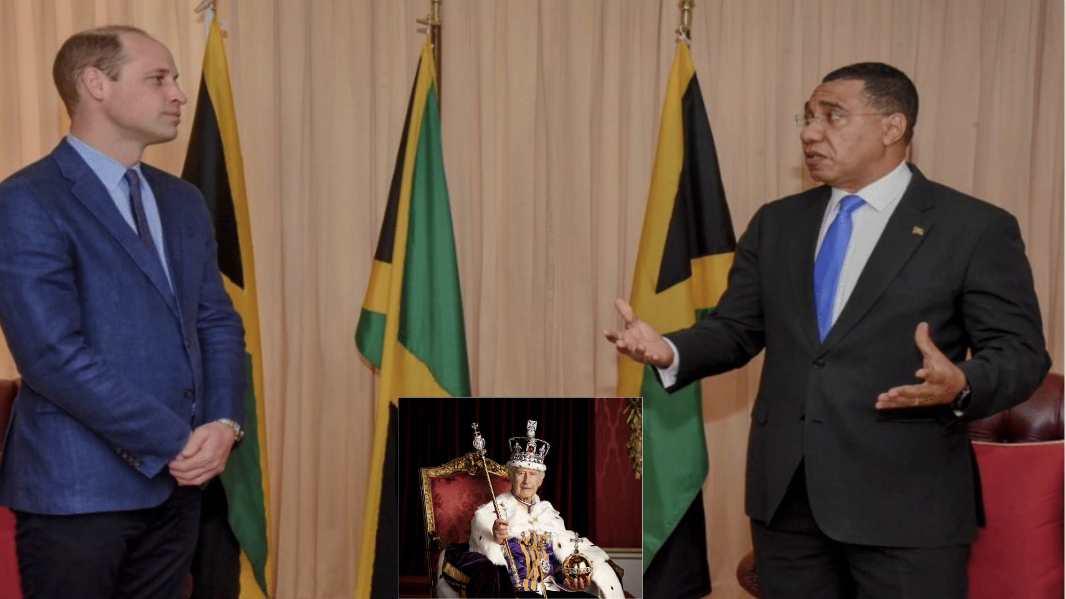 Jamaican PM and Prince William with image of King Charles in full regalia inset