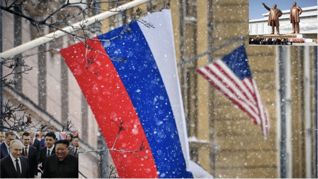 image of Rusian and US flags with inset of statues of North Korea leaders and Putin with Kim