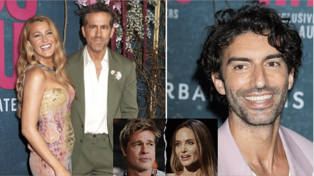 Blake Lively and Ryan Reynolds beside Justin Baldoni with Angelina Jolie and Brad Pitt inset