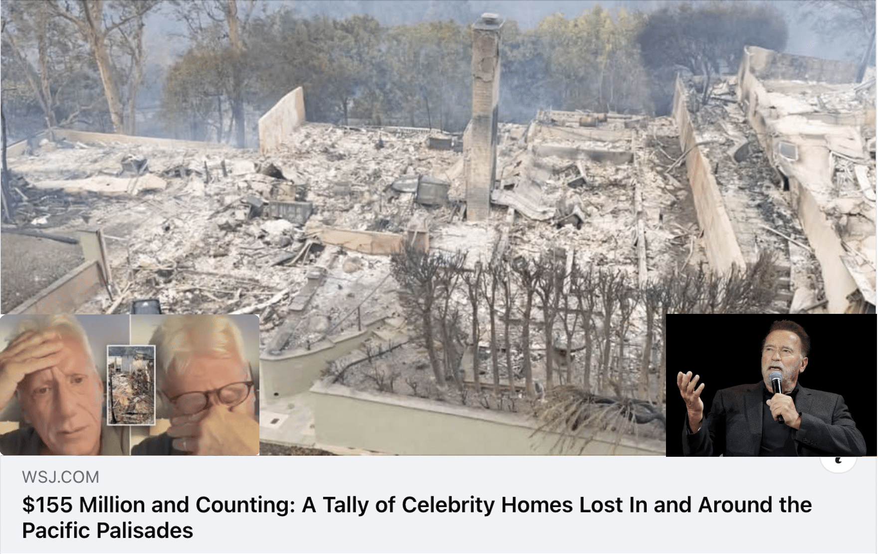 image of house burned to the ground in California wildfires inset images of Arnold Schwarzenegger and James Woods