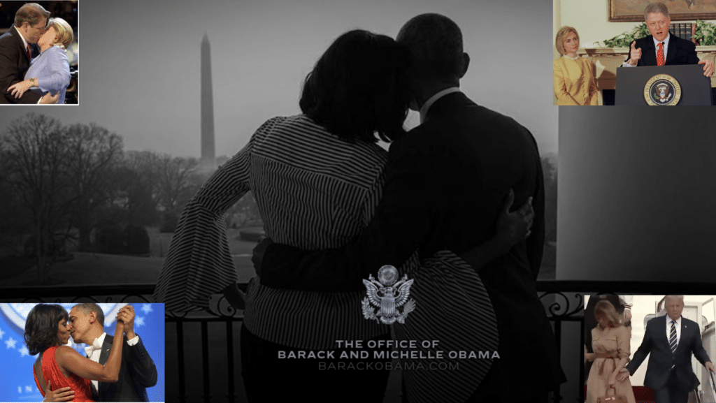 Michelle and Barack Obama on WH balcony with inset pics of Al and Tipper, Bill and Hillary, and Donald and Melania