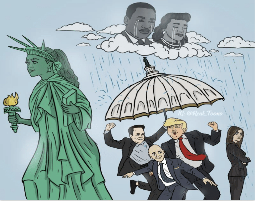 cartoon of MLK and Coretta shedding tears from Heaven on Trump's inauguration day and his MLK day