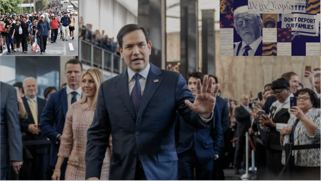 Marco Rubio at State Dept. for first day with image of Trump and migrant caravan inset