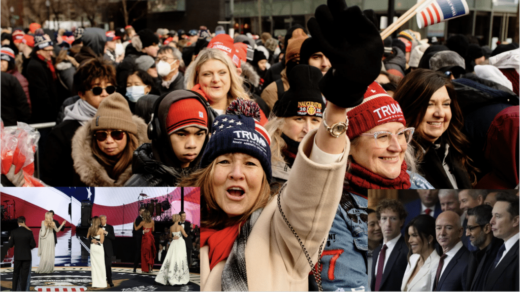 image of MAGA crowd outside inaugural ball while Trump and rich friends dance inside