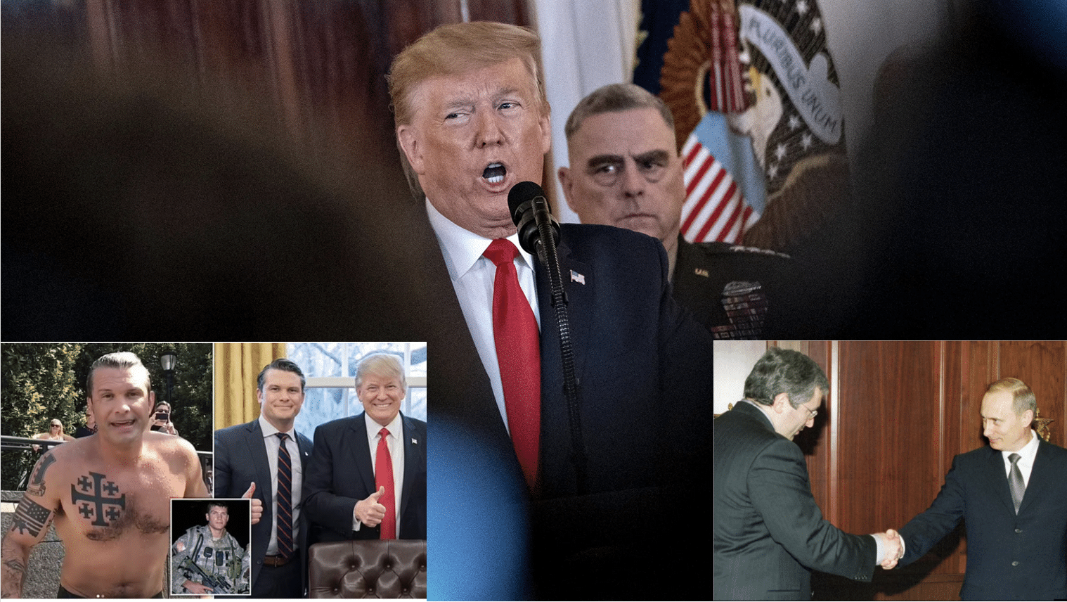 Trump exacting retribution against Gen. Milley with images inset with Hegseth and Putin with Khodorkovsky