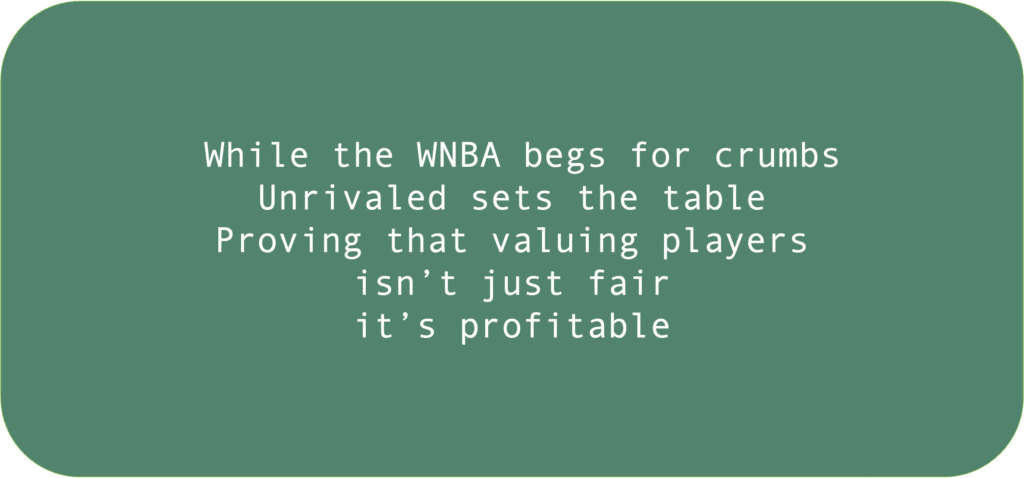 While the WNBA begs for crumbs Unrivaled sets the table Proving that valuing players isn’t just fair it’s profitable 