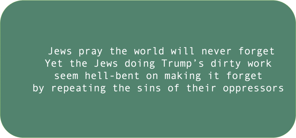 Jews pray the world will never forget Yet the Jews doing Trump’s dirty work seem hell-bent on making it forget by repeating the sins of their oppressors 