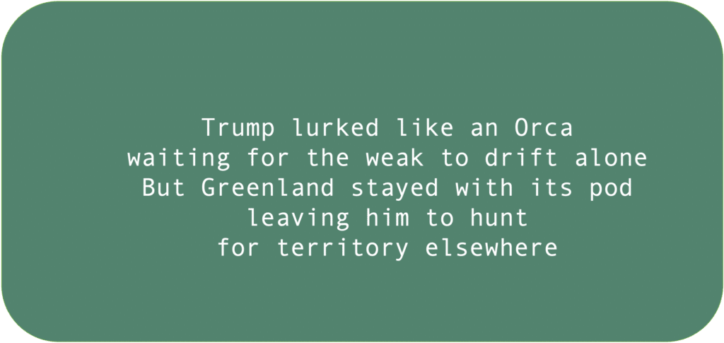 Trump lurked like an Orcawaiting for the weak to drift aloneBut Greenland stayed with its podleaving him to huntfor territory elsewhere 