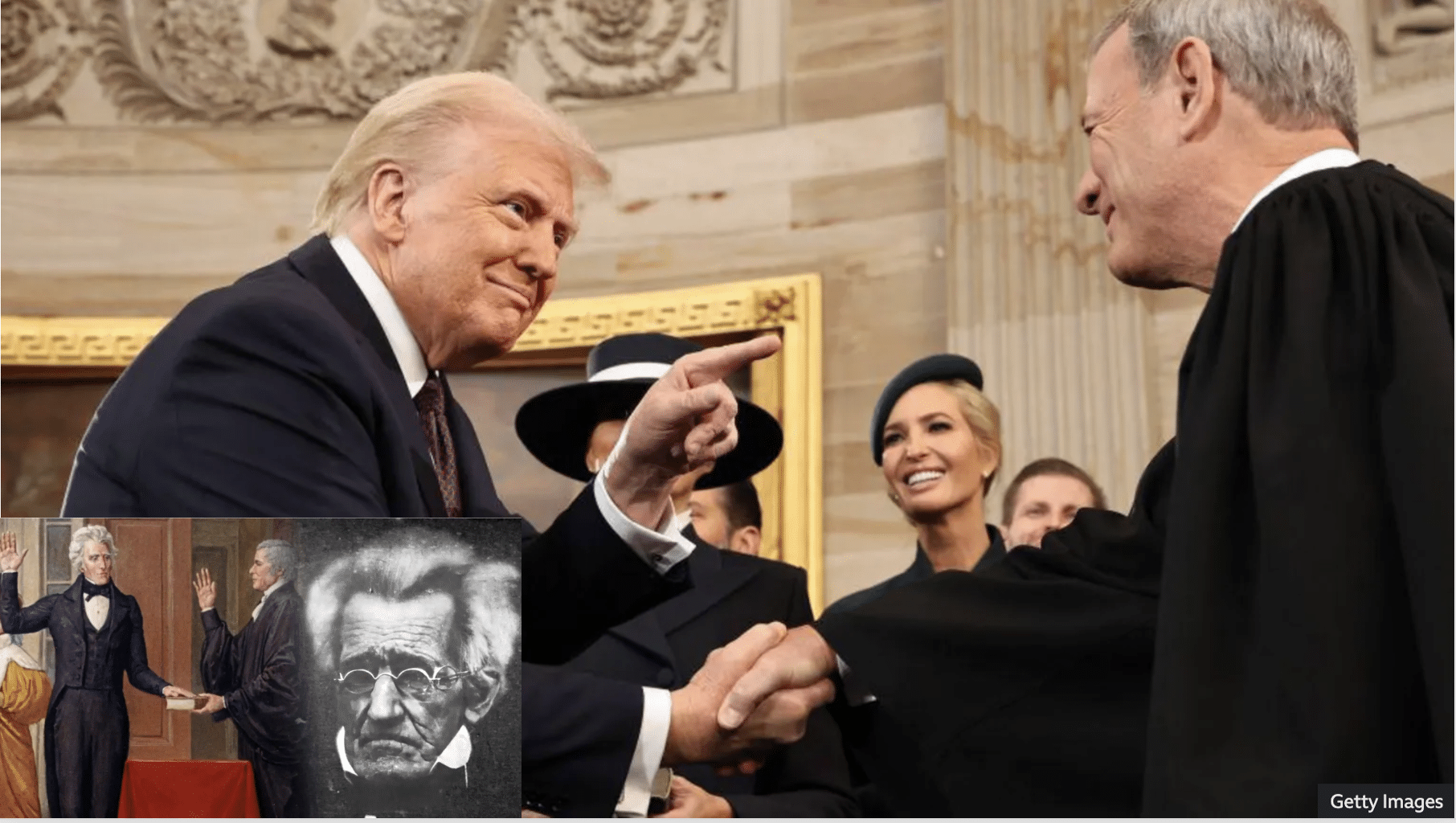 Trump and Roberts at his second swearing-in ceremony and Jackson and Marshall at his