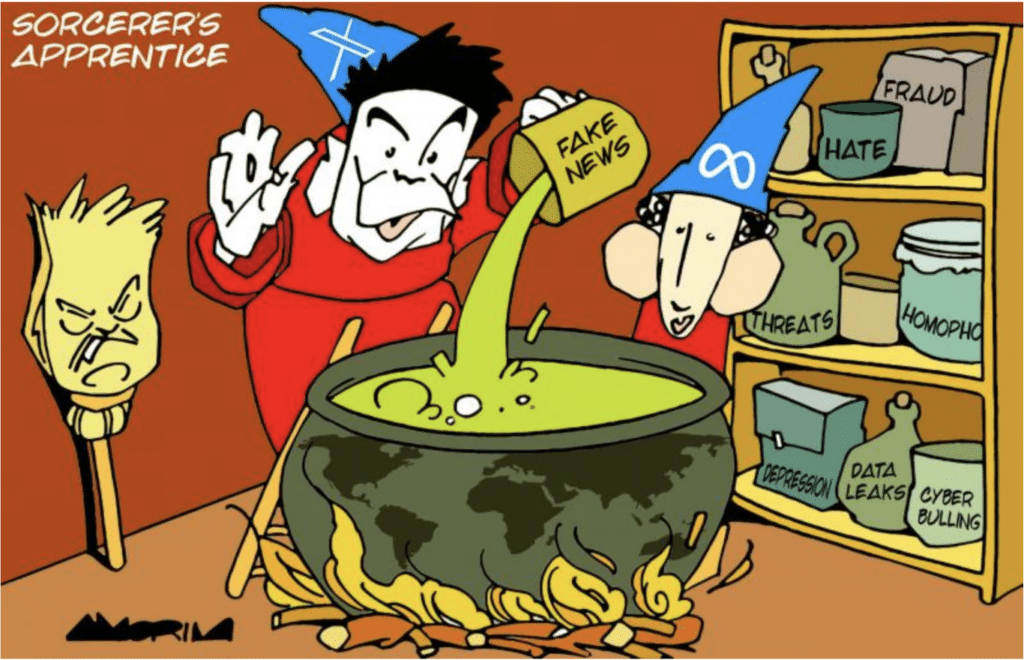 cartoon image of X and Meta conjuring up a brew of MAGA disinformation