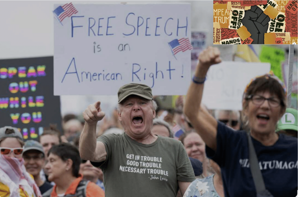 White protesters at an anti-Trump rally shout and raise fists, holding signs about free speech and resistance—finally marching where Black Americans have long led.
