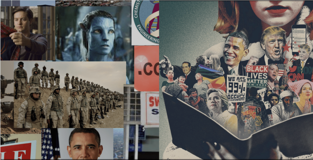An illustrated collage of major global events and public figures emerging from an open book, symbolizing 20 years of prophetic commentary from The iPINIONS Journal.
