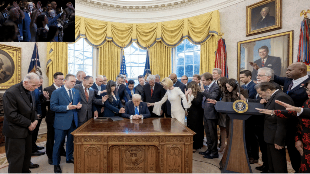 Evangelical leaders surround Trump in the Oval Office, praying over him with outstretched hands in a scene reminiscent of idol worship.