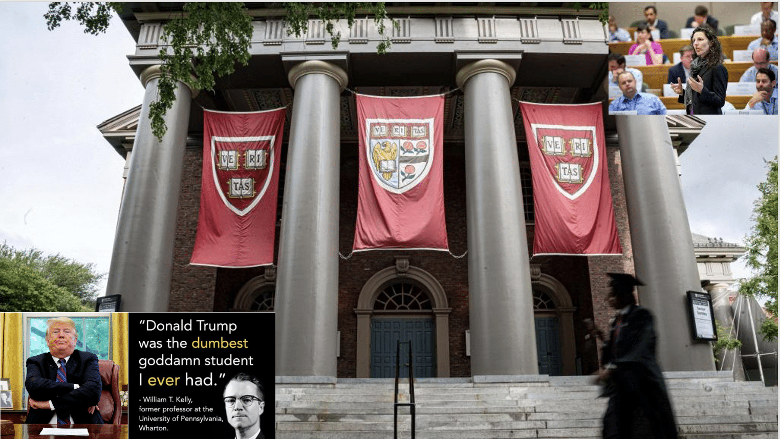 Harvard banners with image of Trump folding arms and professor Gino inset