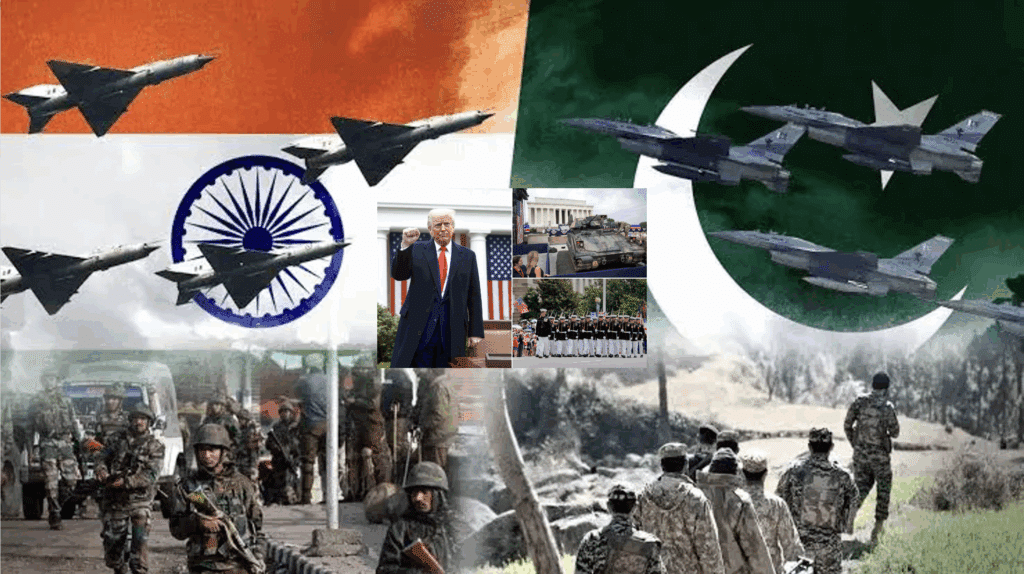 image of Indian and Pakistani jets facing off with image of Trump planning his military parade