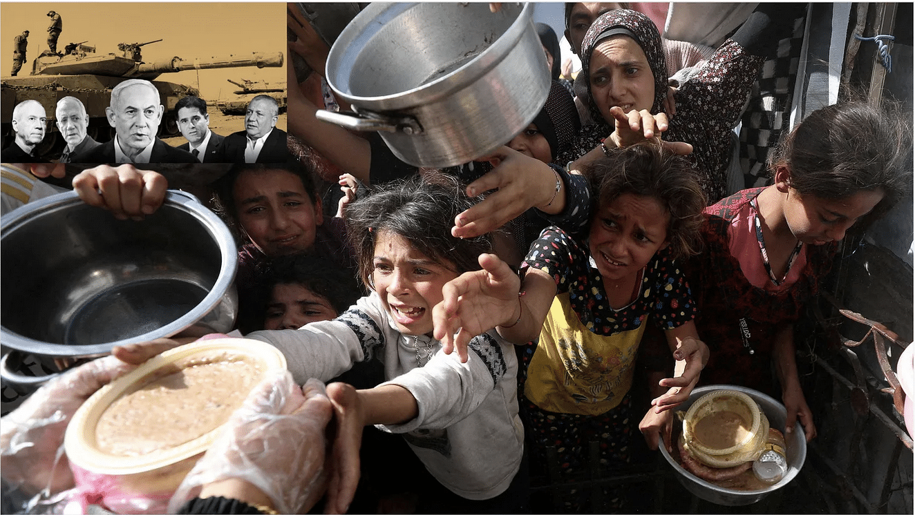 Starving children reaching out for food with image of Israeli war cabinet hovering over