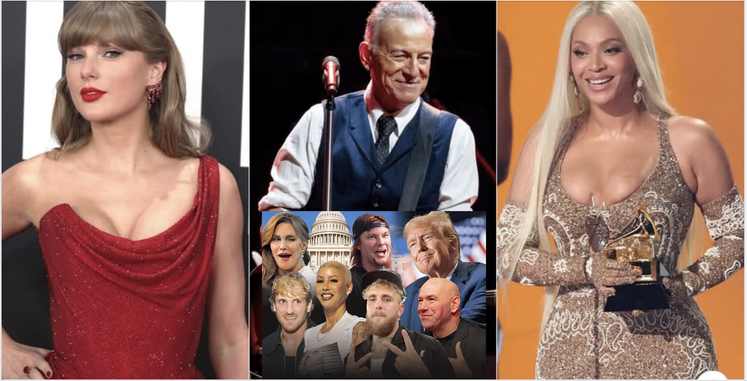 Springsteen, Beyonce, and Swift with inset of Trump and his own celebrity friends