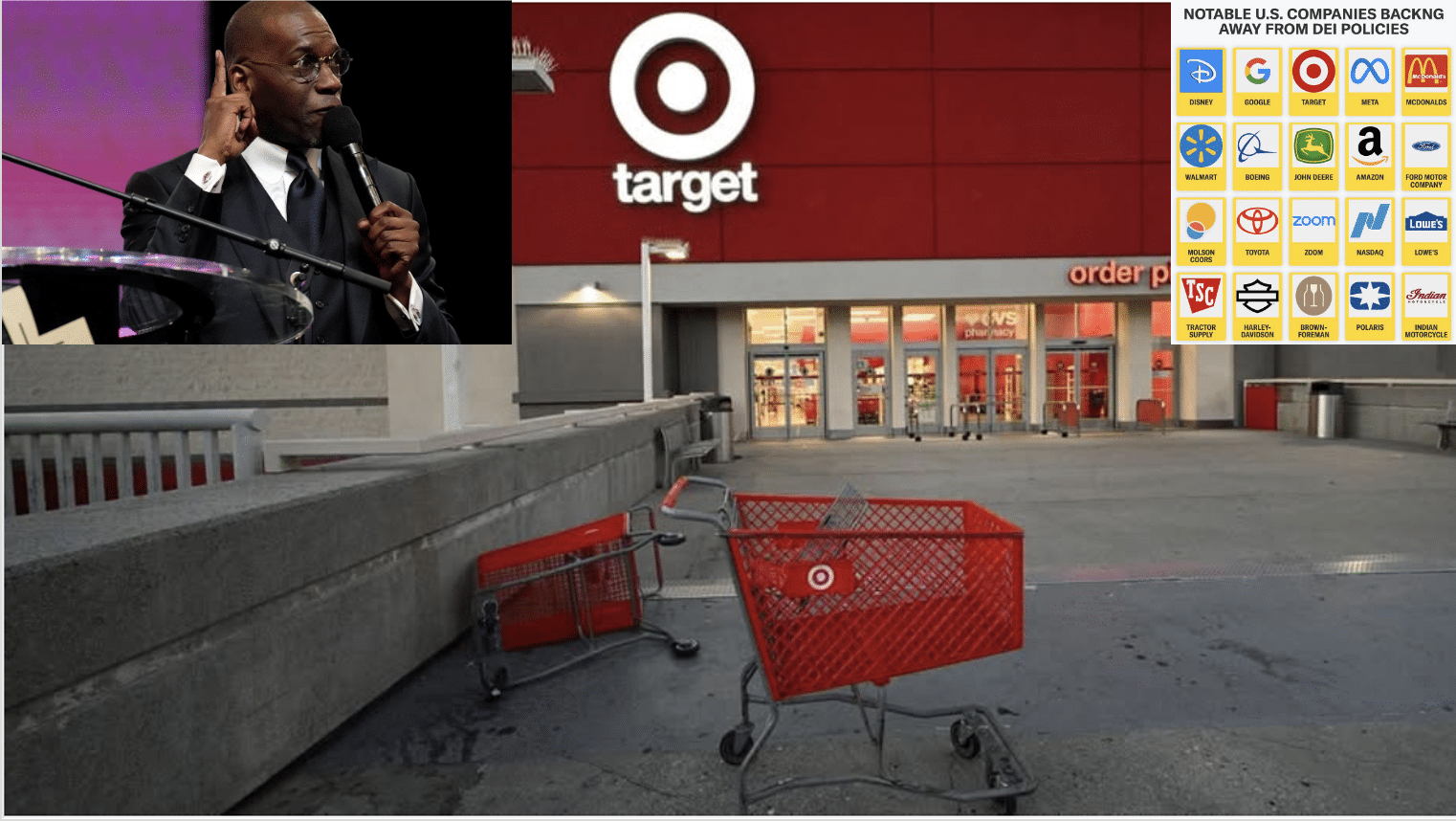 Image of Target store with inset of Pastor Jamal Bryant and list of companies ending DEI policies.