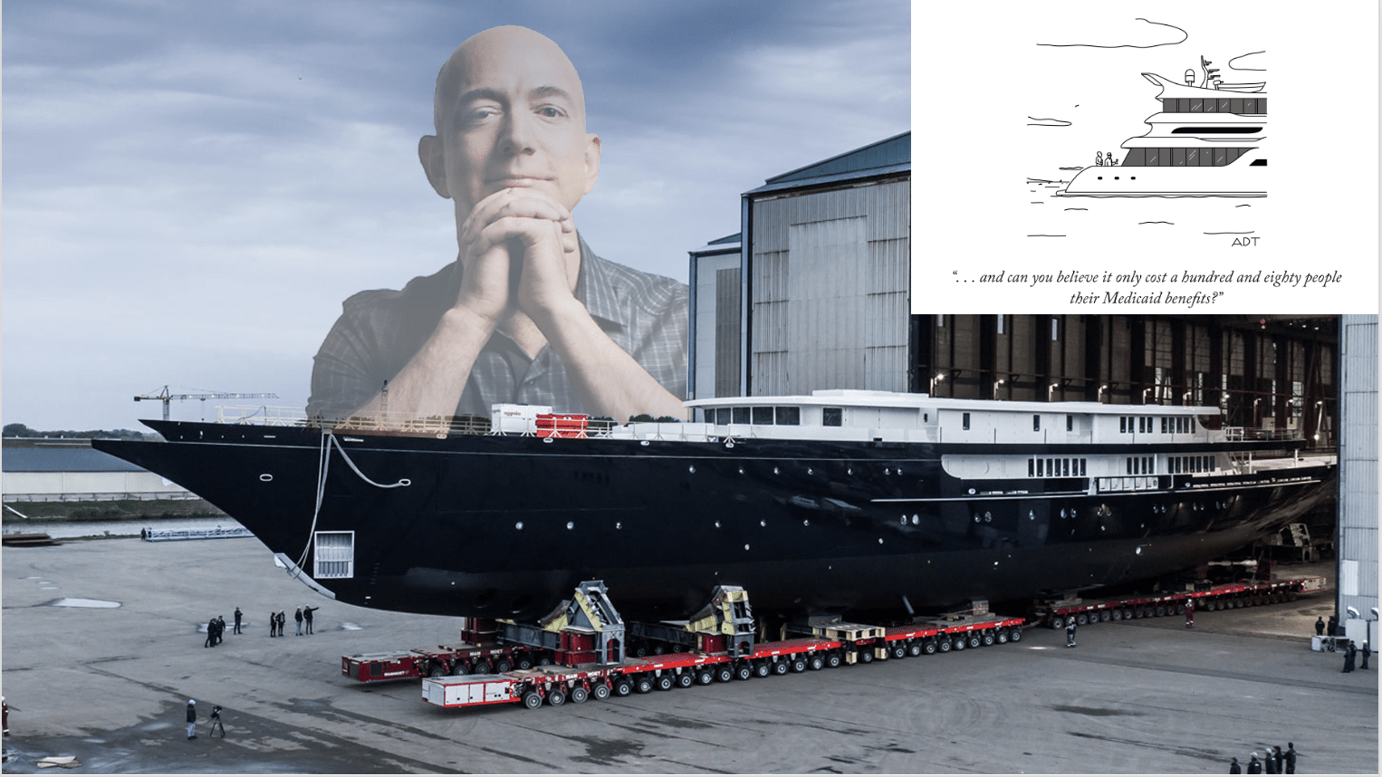 Jeff Bezos lording over his super yacht with inset of cartoon about the rich mocking the poor