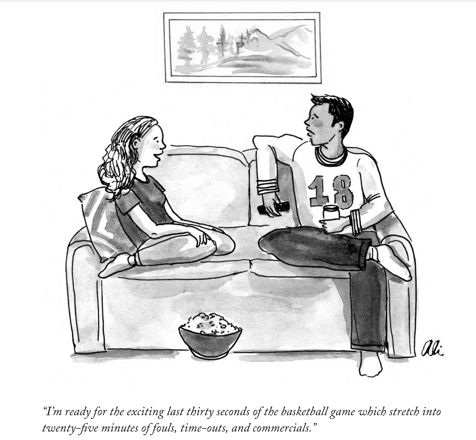 cartoon making fun of how teams use intentional fouls to sap all the fun out of close games