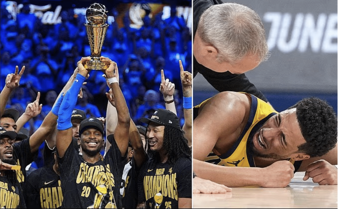 image of OKC hoisting NBA championship trophy next to image of Haliburton writhing in pain of the court