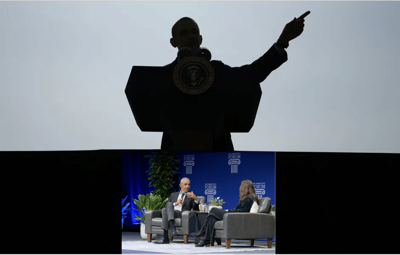 Obama being interviewed with a shadow of him speaking hovering in the background