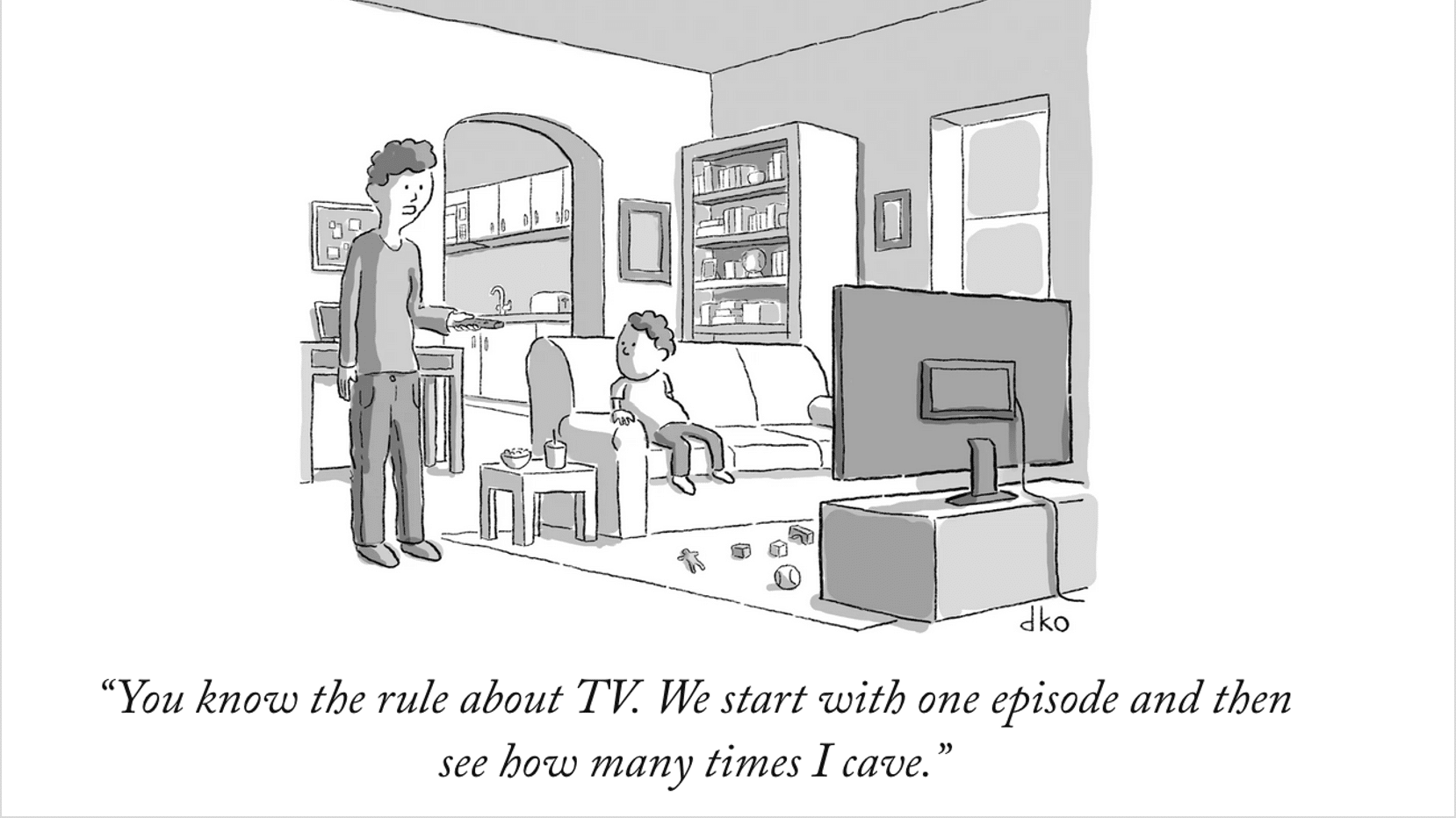 cartoon of parent negotiating with a child about binge-watching TV.