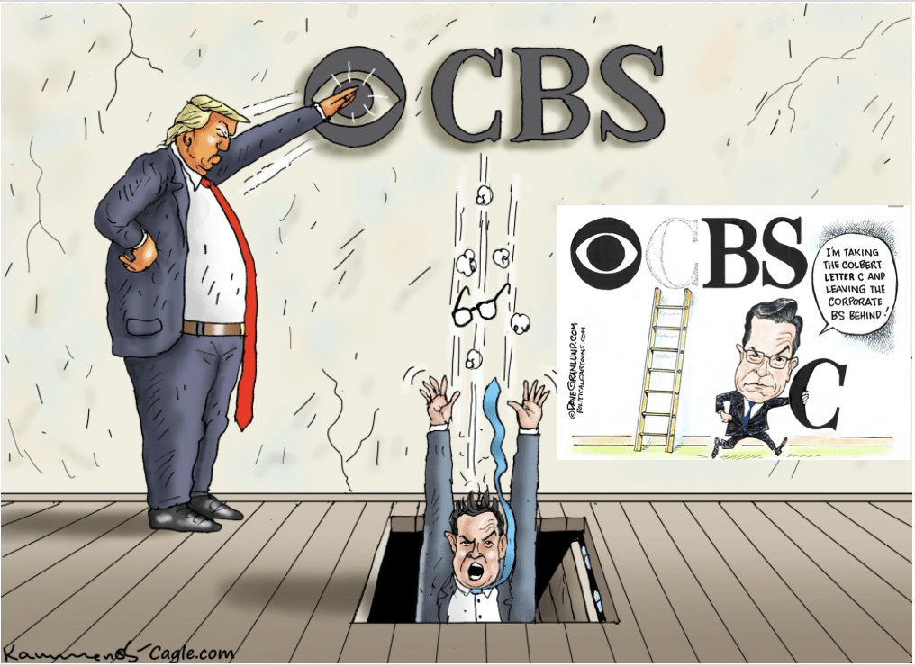 Cartoon showing Trump getting CBS to fire Colbert
