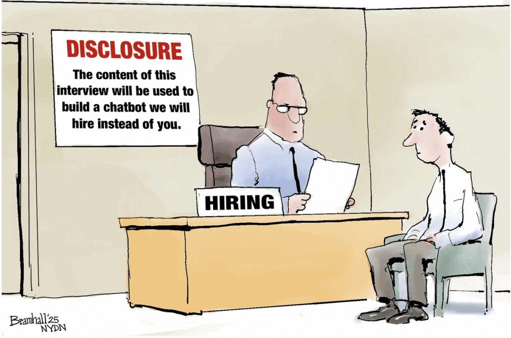 cartoon about interviewing for a job that a chatbot has already taken