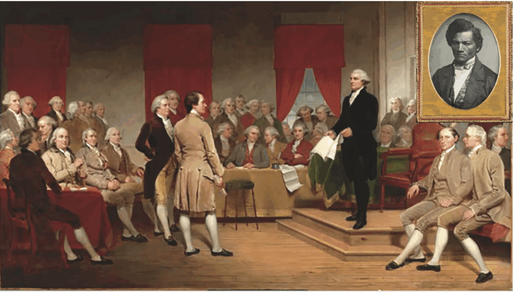Independence Day image of Founding Fathers with Frederick Douglass inset
