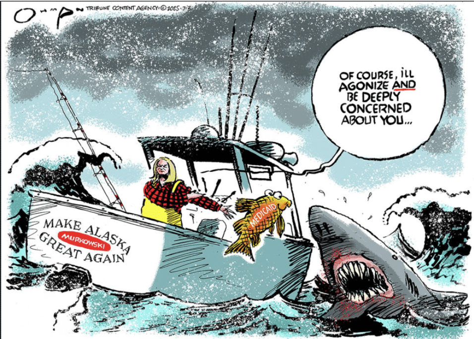 Cartoon of Lisa Murkowski throwing Medicaid overboard to save Alaska
