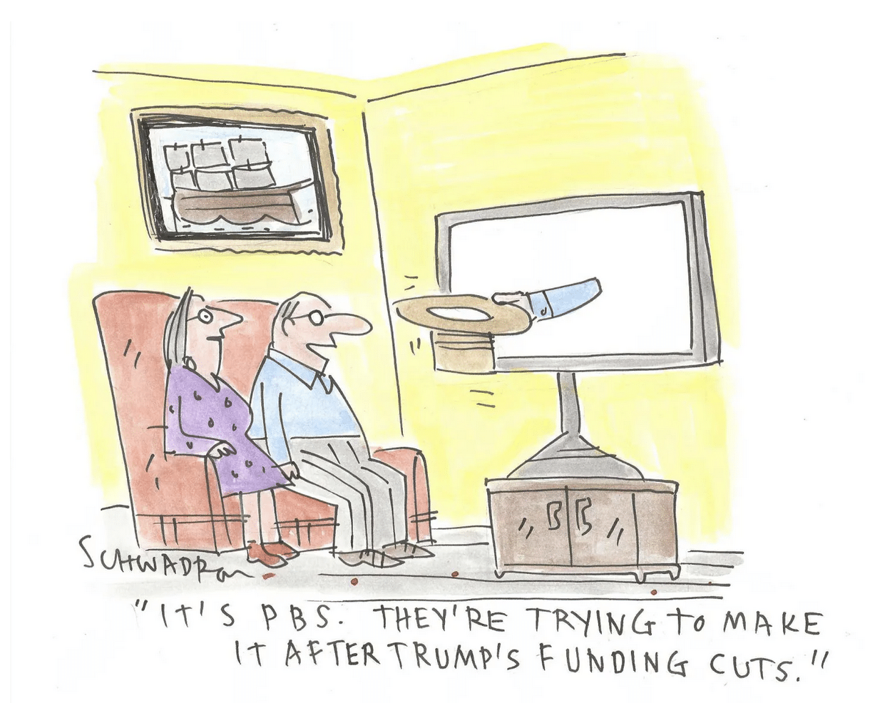 cartoon of Trump slashing PBS funding