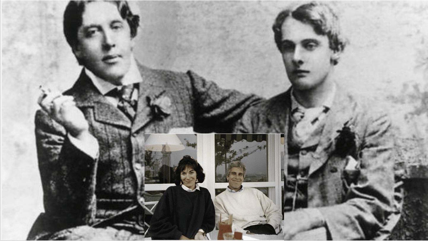 image of Oscar Wilde and his lover with Jeffrey Epstein and his lover Alfred Douglas inset