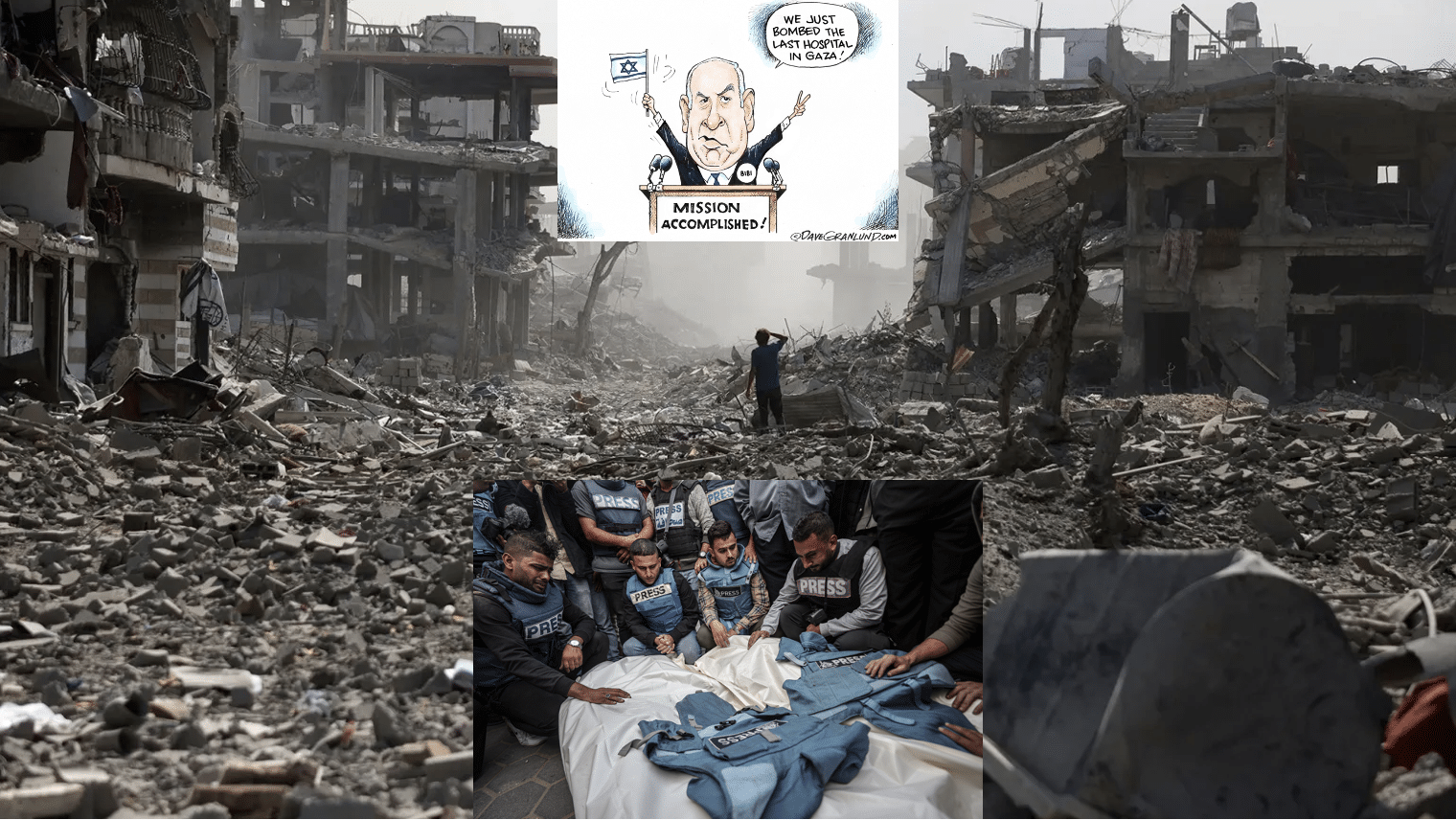 Israel bombing hospital in Gaza with a cartoon image of Netanyahu saying mission accomplished