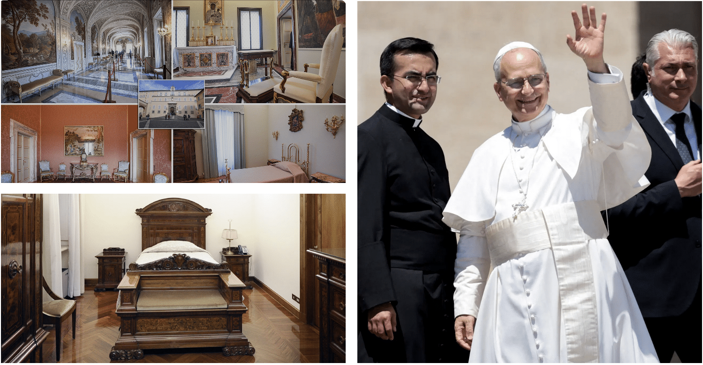 Pope Leo and his roommate with images of Vatican Palace apartment and Francis guesthouse