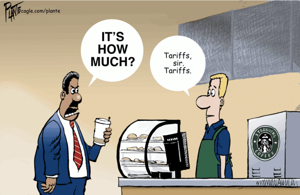 cartoon about Trump tariff boosting cost of coffee