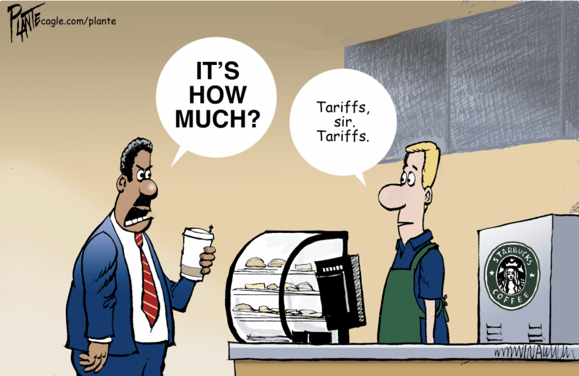 cartoon about Trump tariff boosting cost of coffee
