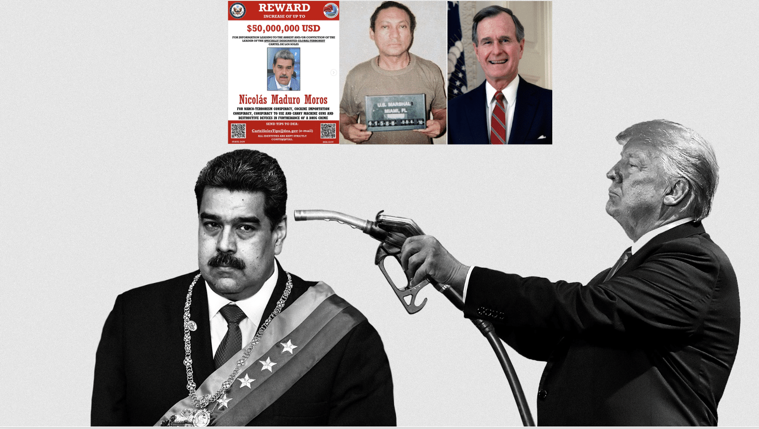 Trump point a gasoline nozzle at head of Maduro with image of Bush Sr. and Noriega inset