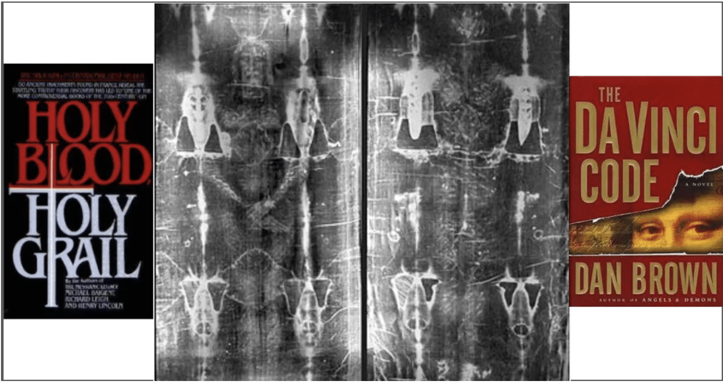 image of the Shroud of Turin flanked by book covers for Da Vinci Code and Holy Blood Holy Grail