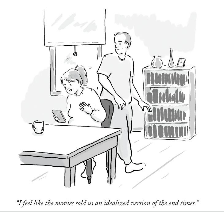 cartoon of child doomscrolling about end times