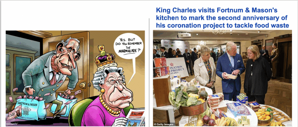 cartoon of Charles at Fortnum & Mason and returning as King
