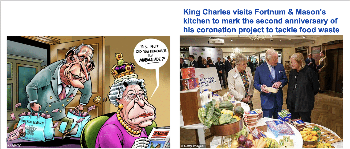 cartoon of Charles at Fortnum & Mason and returning as King