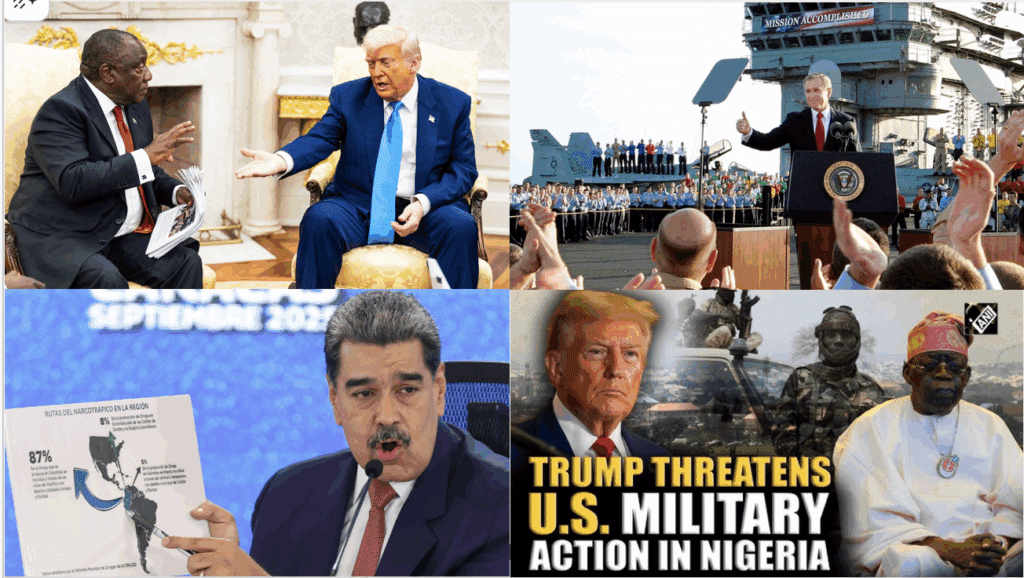 Images depicting Trump's dealing with South Africa, Nigeria, and Venezuela with image of Bush's Mission Accomplished