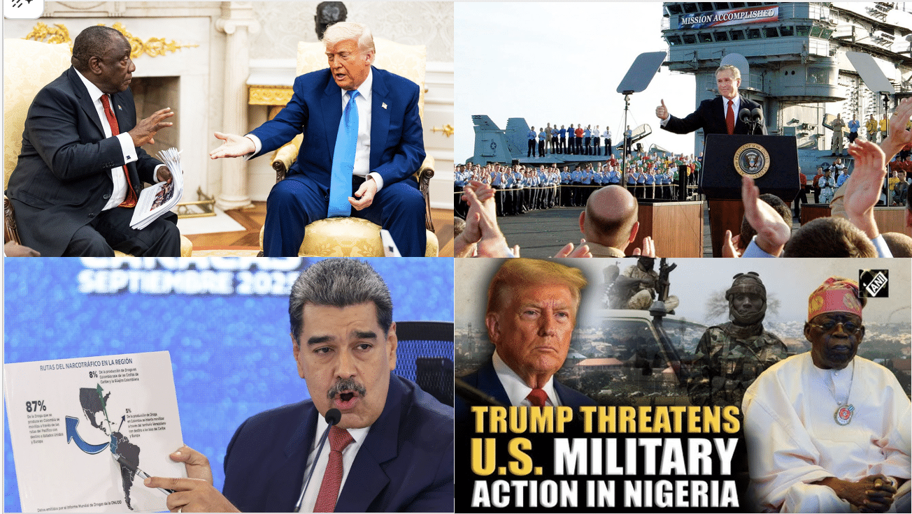 Images depicting Trump's dealing with South Africa, Nigeria, and Venezuela with image of Bush's Mission Accomplished