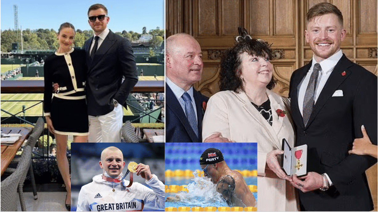 Olympian Adam Peaty posing with his mother and fiancee