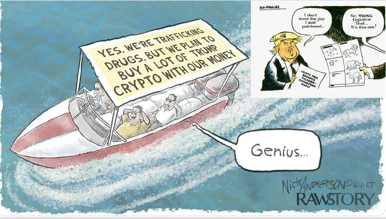 Cartoons of drug-running speedboats and of Trump signing pardons