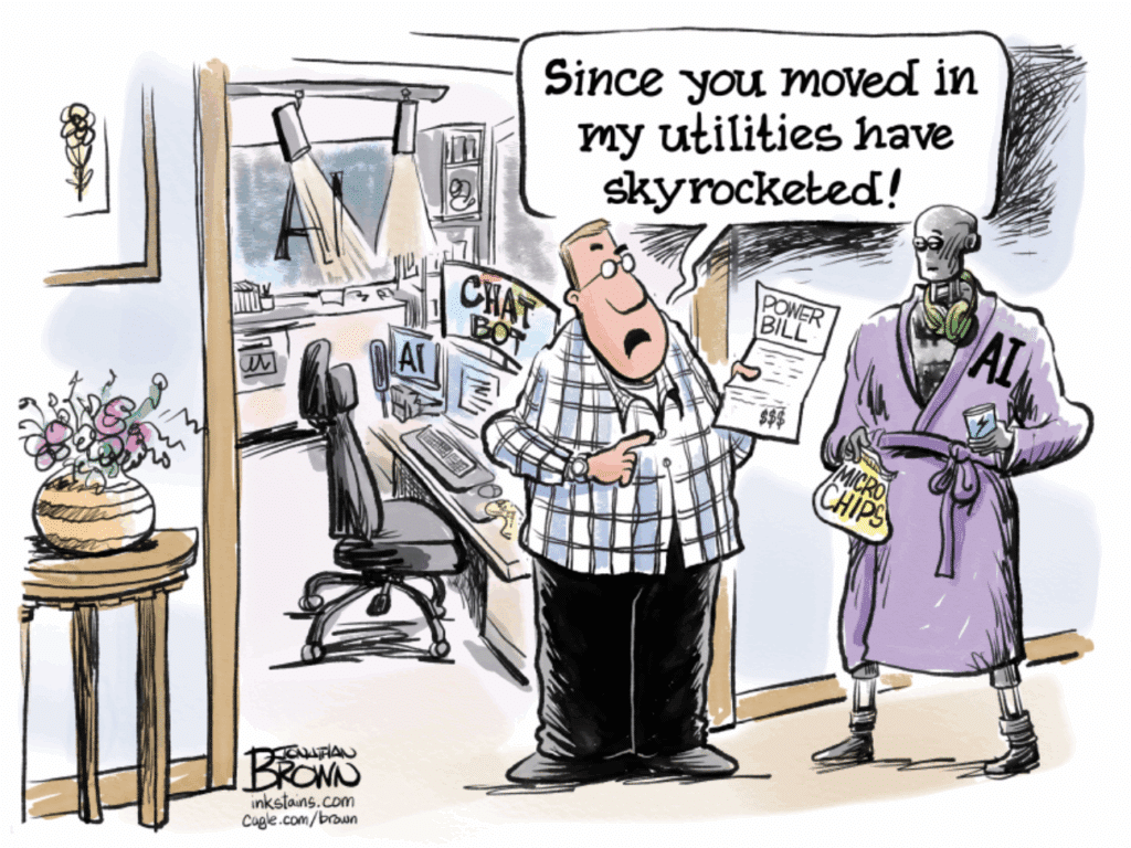 AI cartoon complaining about it costing so much in utility bills