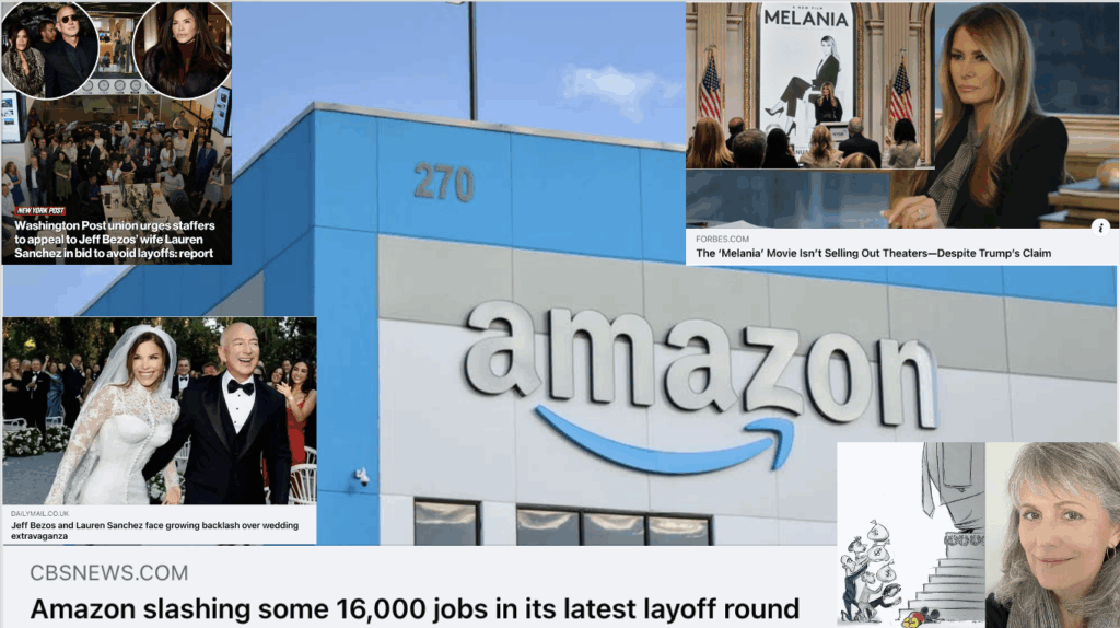 Amazon warehouse with images of Melania, Bezos and Telnaes cartoon of oligarchs bowing to Trump