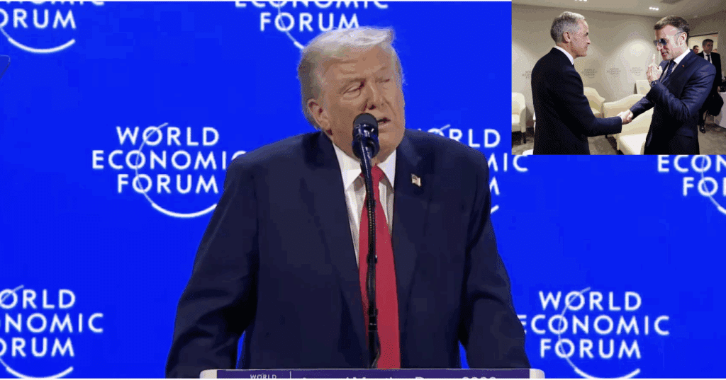 Trump at Davos speaking about Greenland with Macron and Carney inset