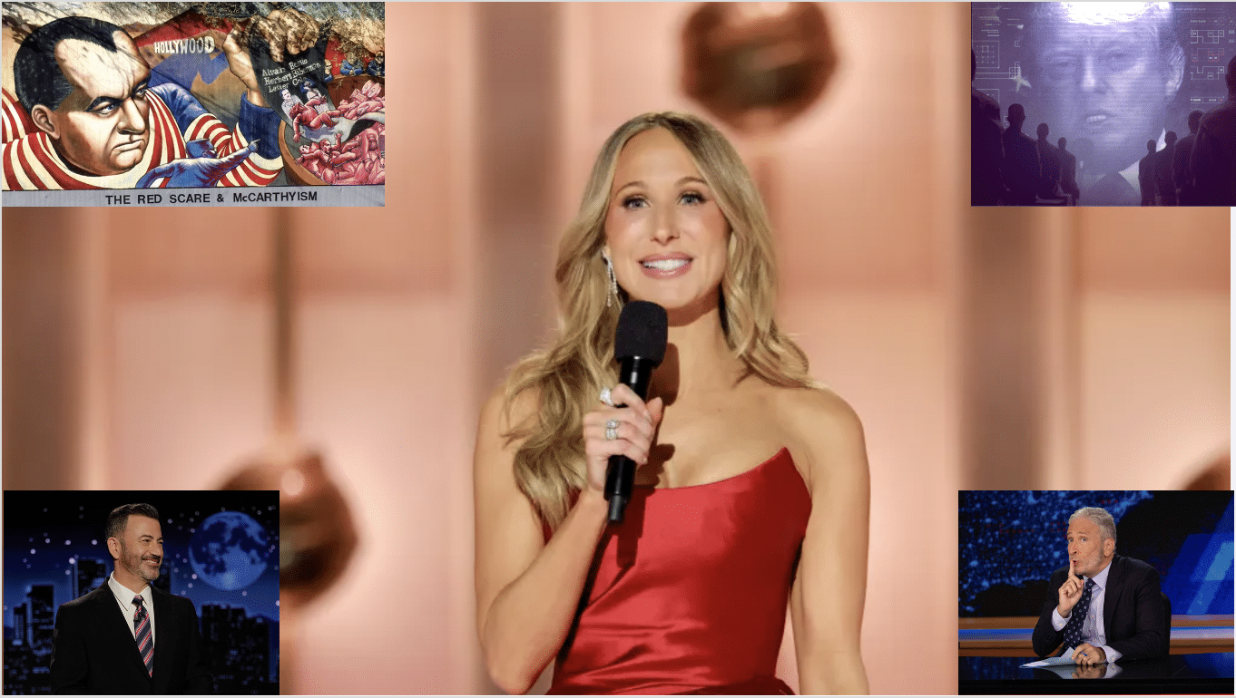 Nikki Glaser with images of Kimmel, Stewart, Trump and McCarthy